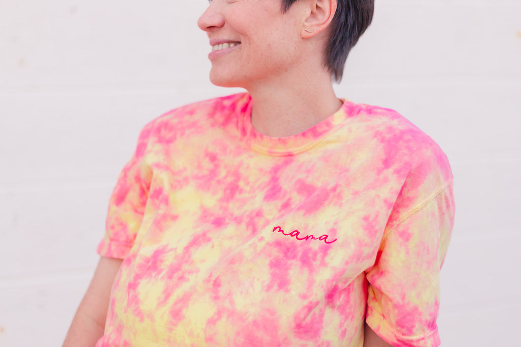 Mama or mom cursive embroidery Adult Tie dye Shirt